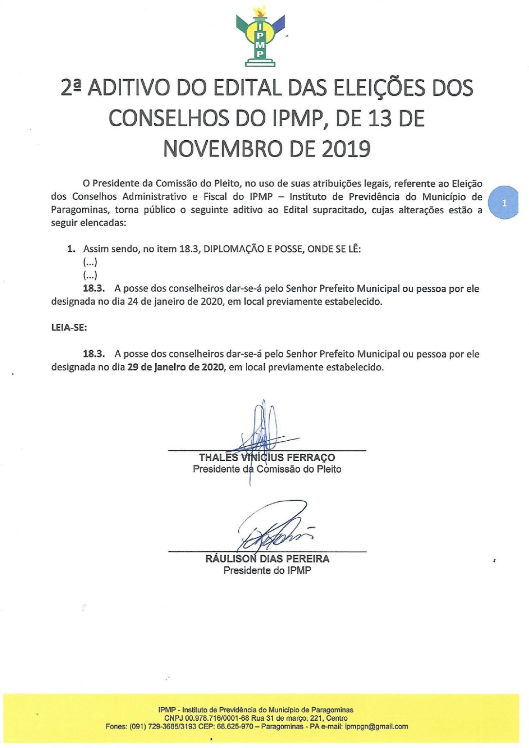 Adiamento da Posse dos novos Conselheiros
